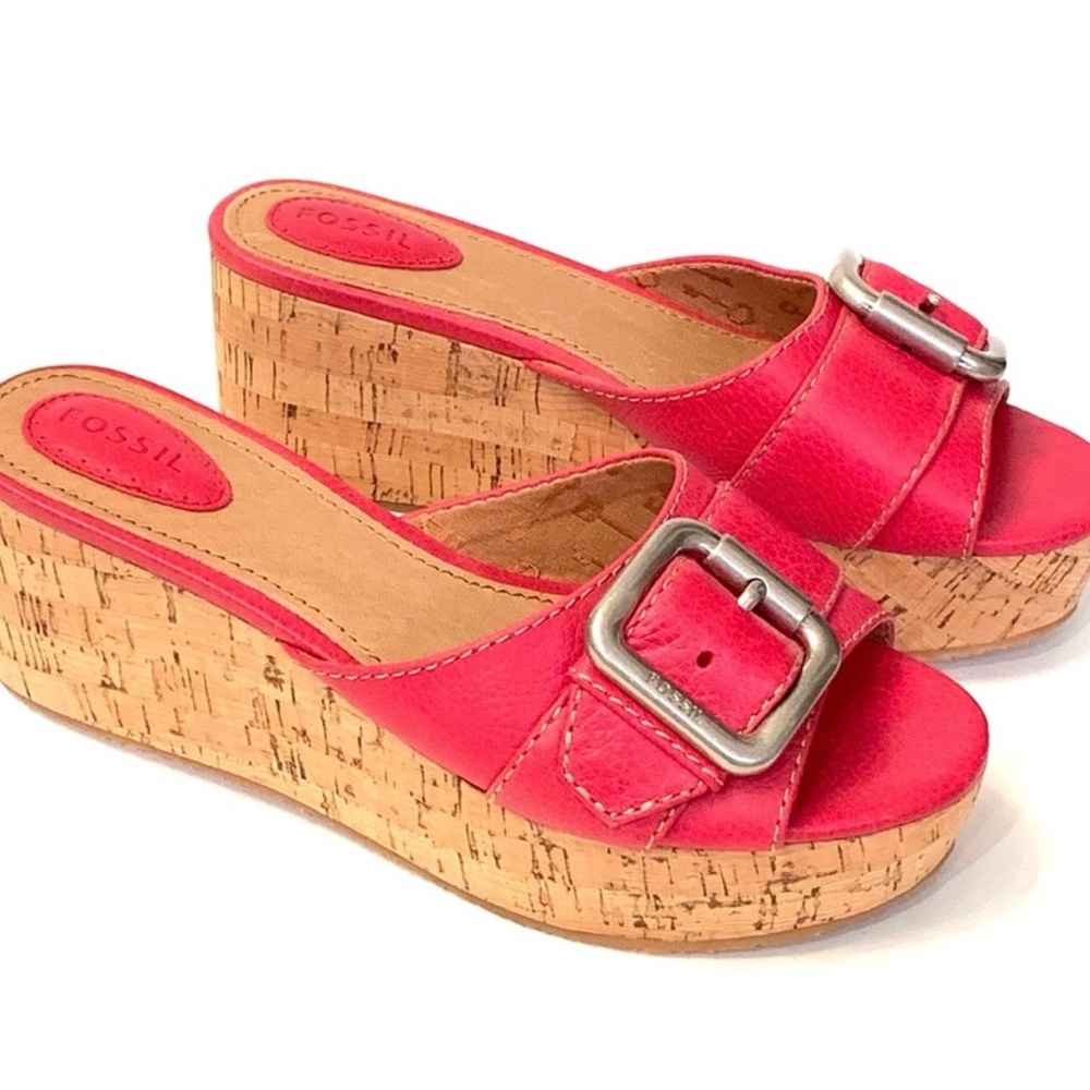 Fossil Malea Red Wedge Cork Platform Size 7